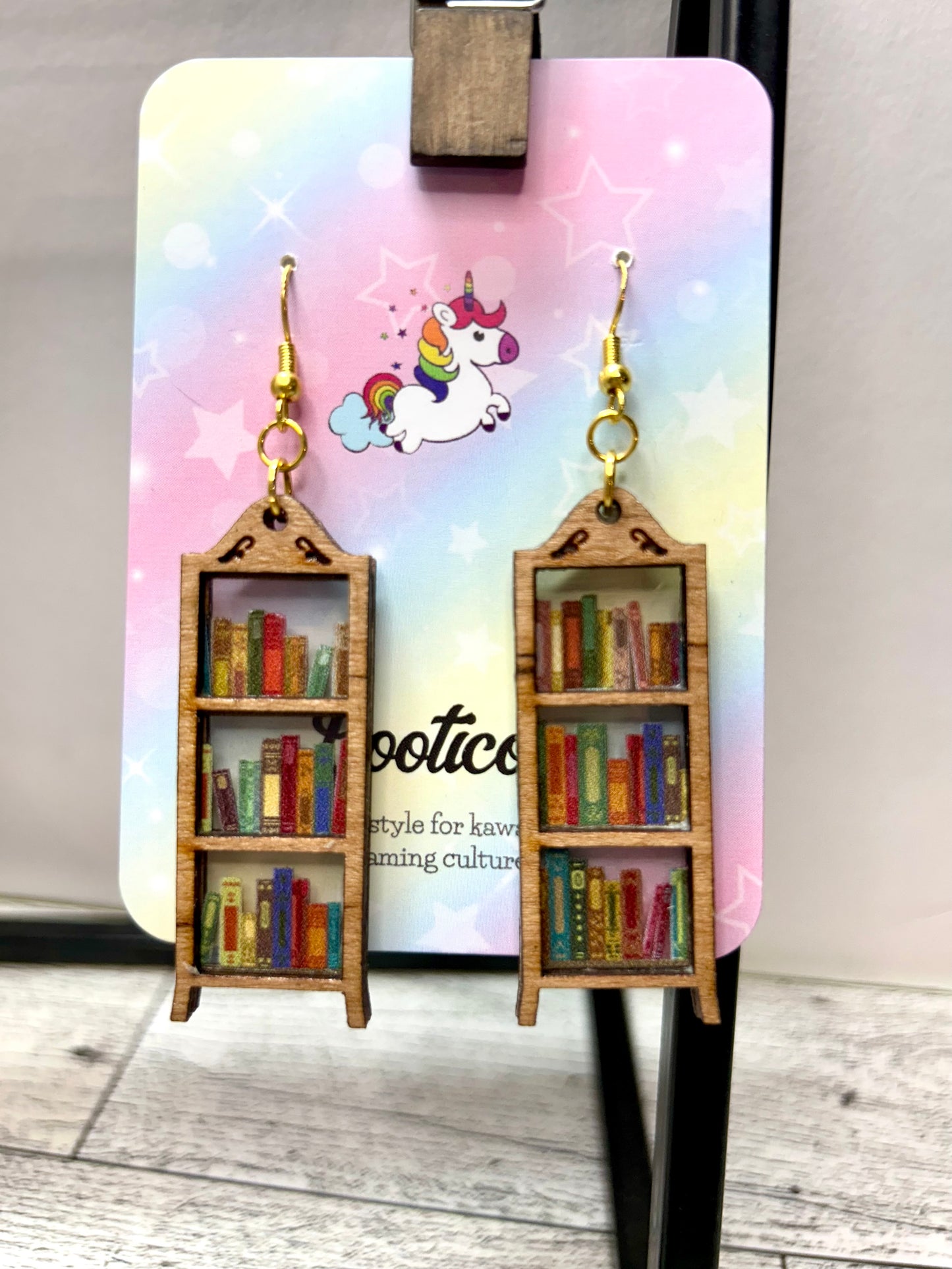 Handmade laser cut mini bookshelf earrings