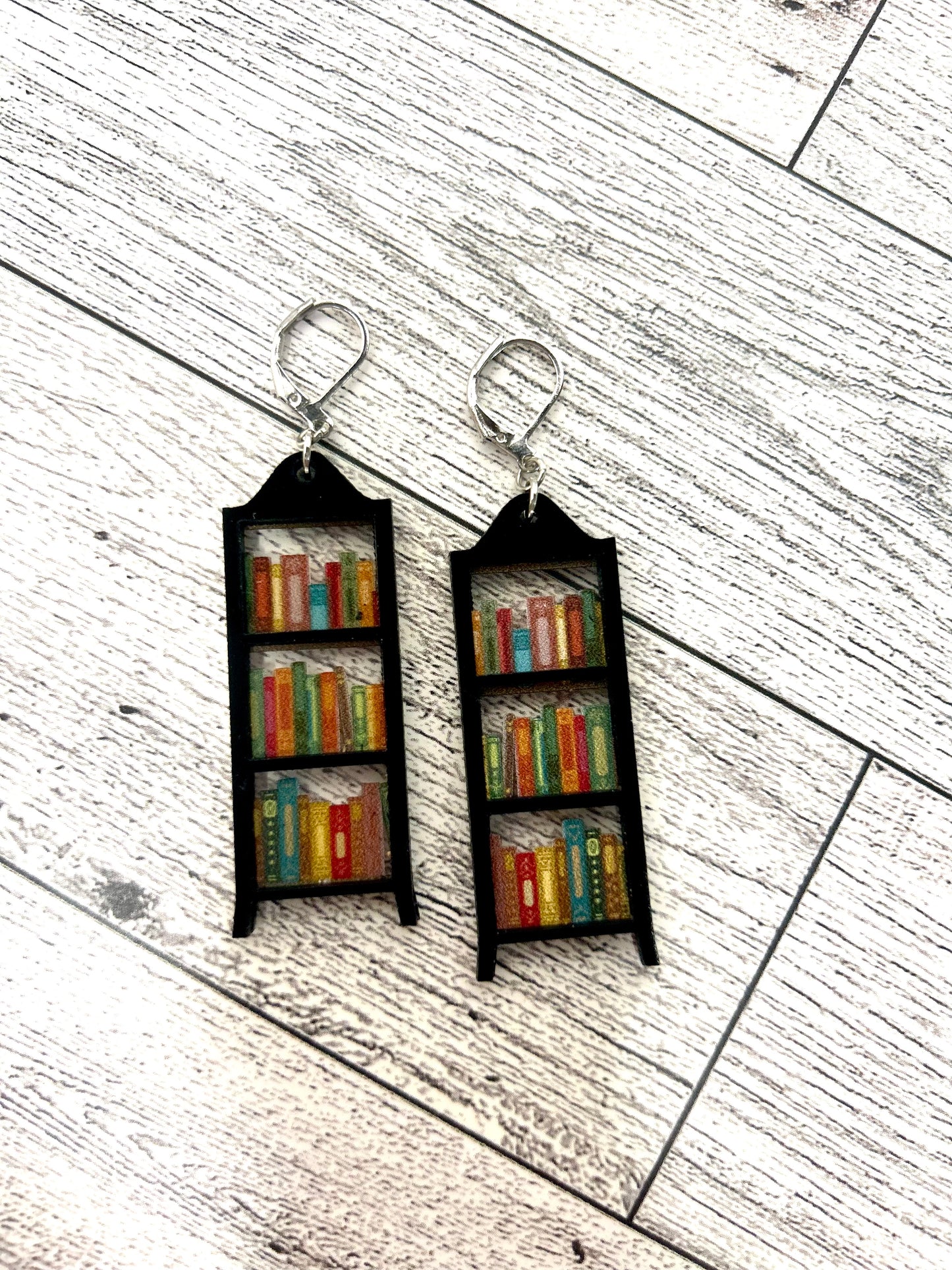 Handmade laser cut mini bookshelf earrings