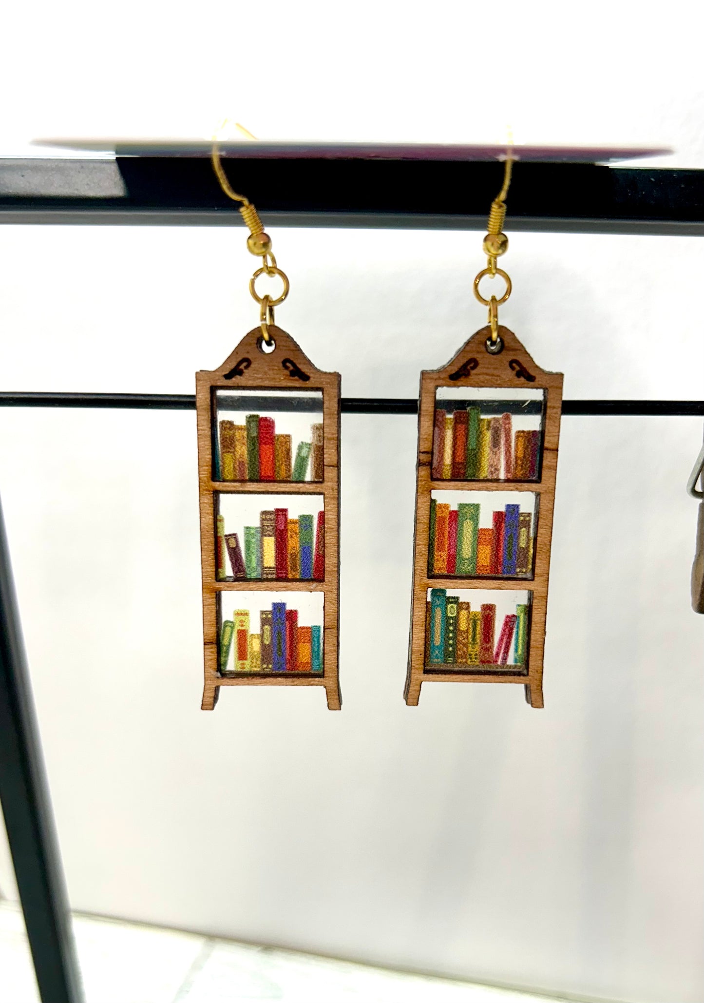 Handmade laser cut mini bookshelf earrings