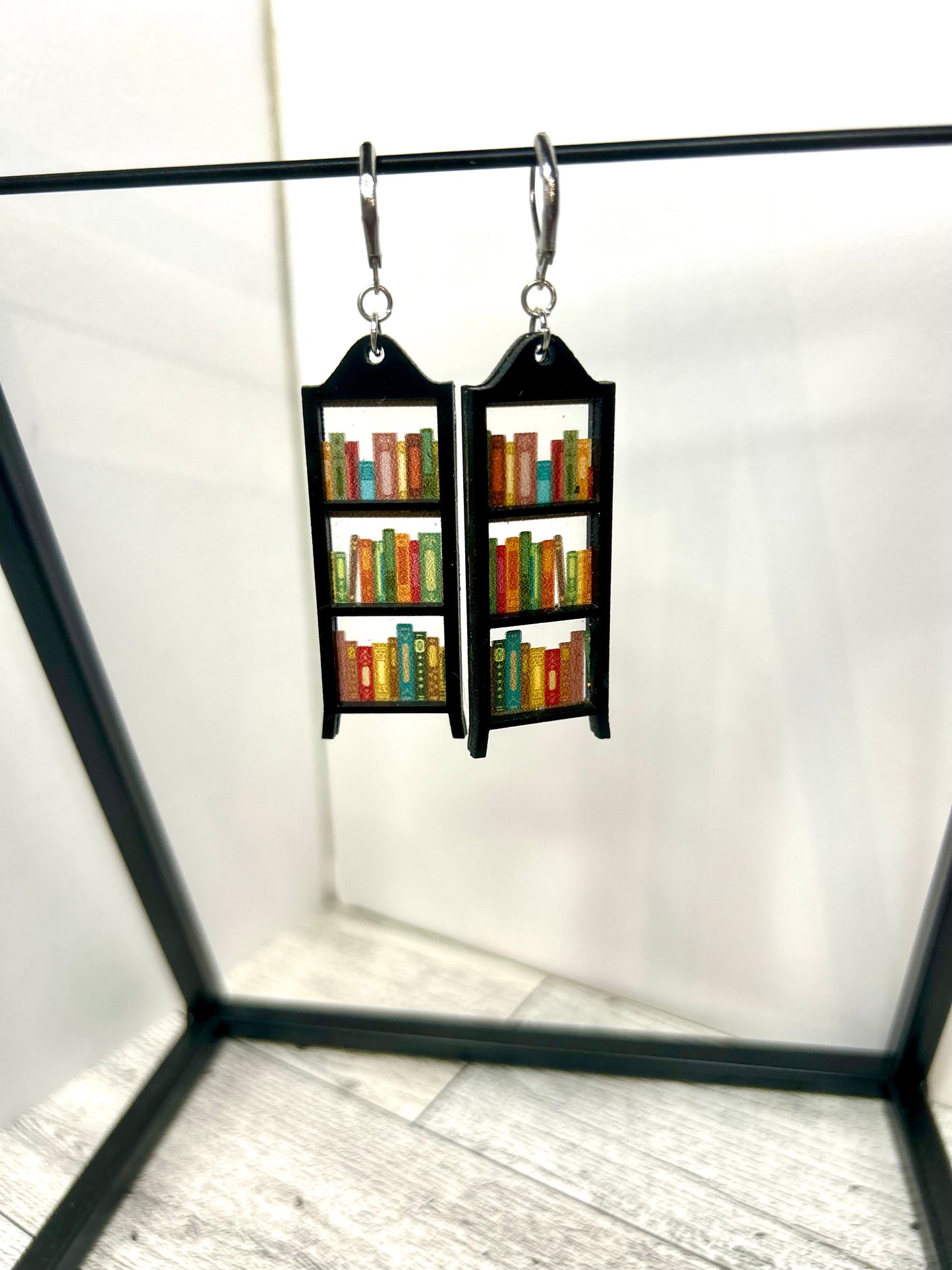 Handmade laser cut mini bookshelf earrings