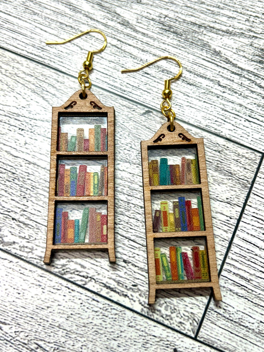 Handmade laser cut mini bookshelf earrings