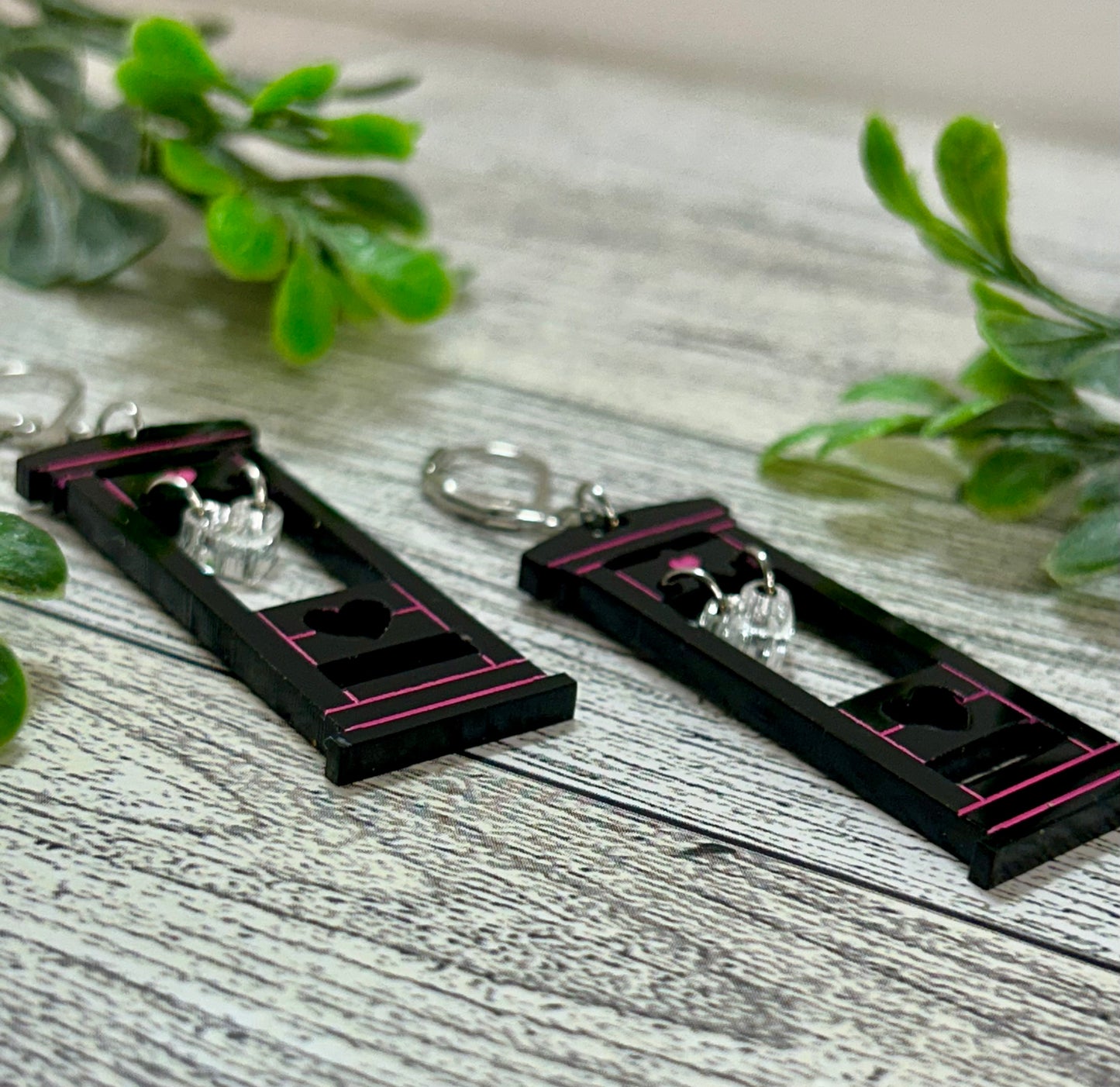 Miniature Guillotine Valentine’s Earrings - Acrylic Dangle Earrings - Unique Love Statement