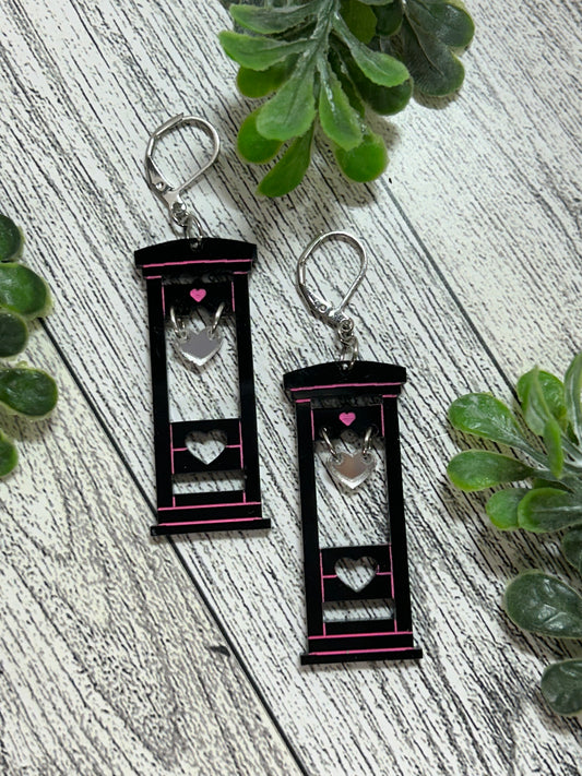 Miniature Guillotine Valentine’s Earrings - Acrylic Dangle Earrings - Unique Love Statement