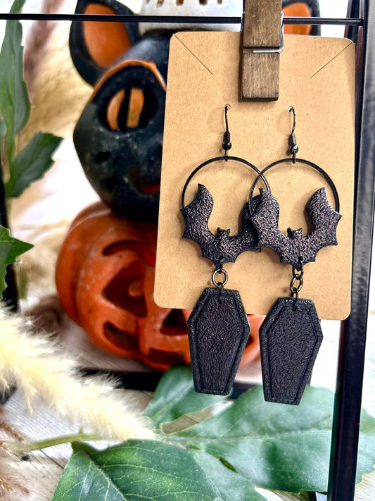 Handcrafted polymer clay nickel free Gothic Fall Spooky Halloween Bat and Coffin earrings