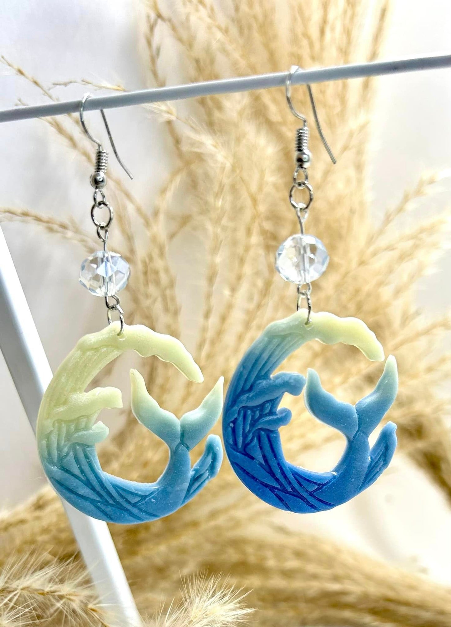 Handmade polymer clay nickel free Boho beach mermaid glowing dangle earrings