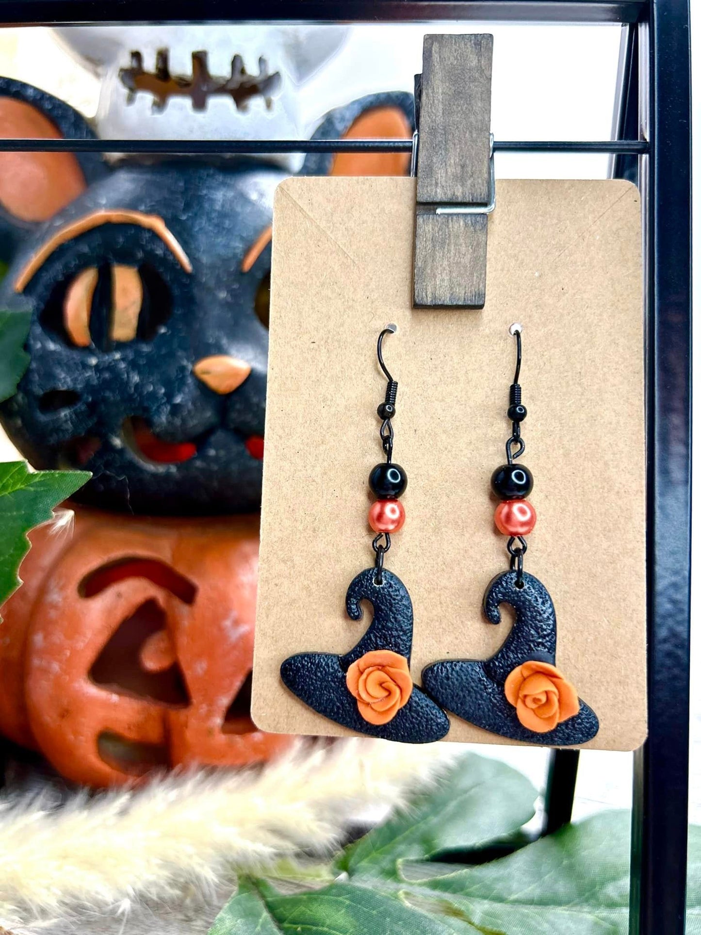 Handmade polymer clay nickel free hypoallergenic Spooky Ooky Witches Hat earrings with rose accent